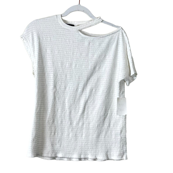 Gibson Look White Asymmetrical Cold Shoulder Smocked Short Sleeve Top NWT Medium - Picture 1 of 8